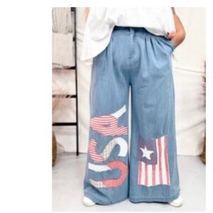 Wide Leg Kids Denim Pants with Flag Patch